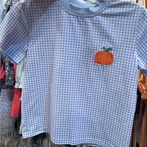 NWOT Light Blue Gingham Short Sleeve Boys Tee with Pumpkin Patch